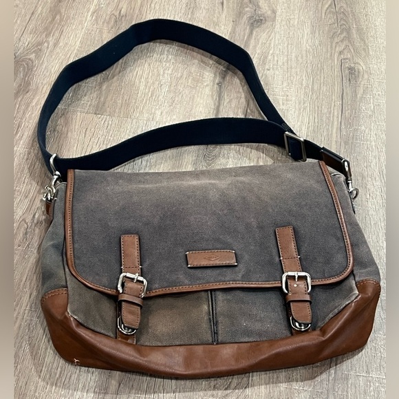 FOSSIL Leather Canvas Messenger Bag VTG Distressed Satchel Laptop Business Bag - Picture 3 of 13